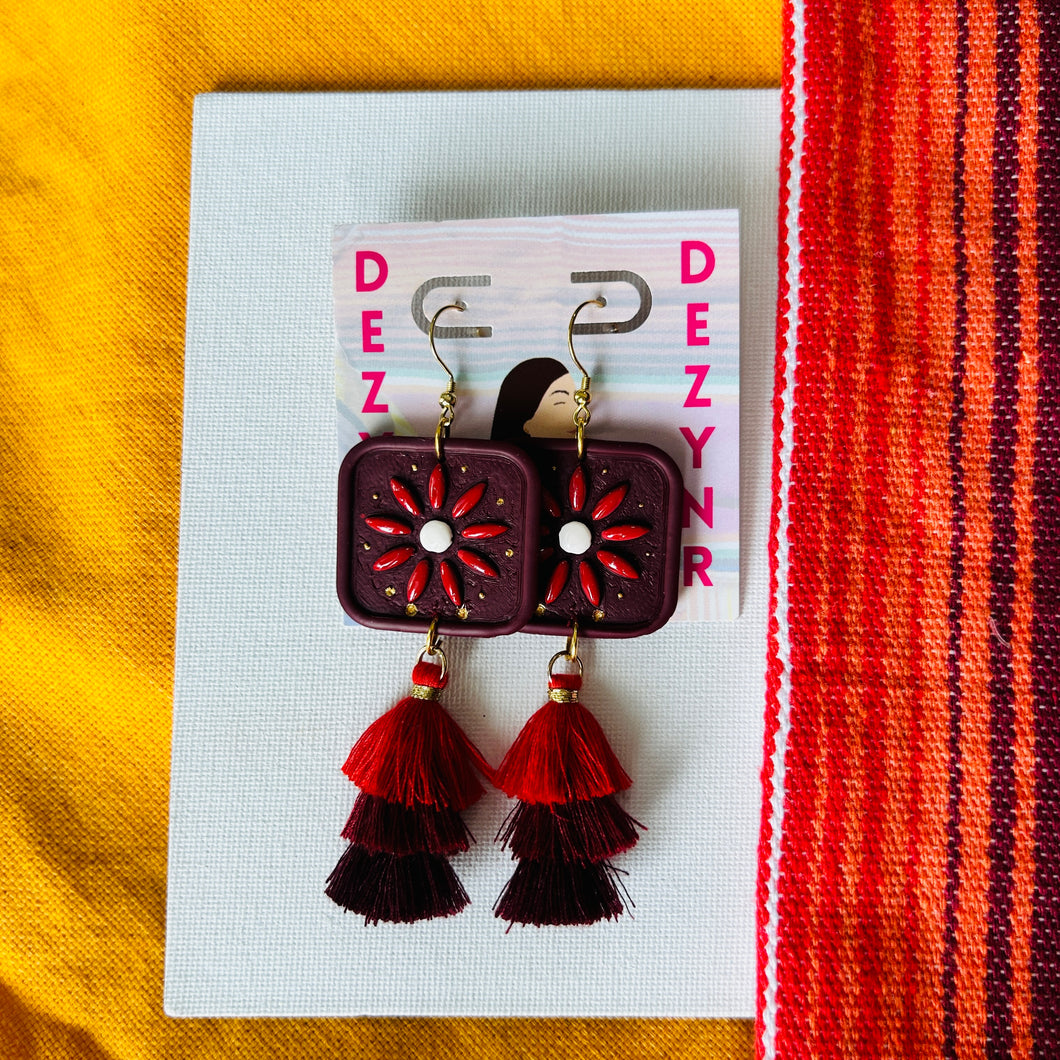 Maroon Tile earrings with Tassels