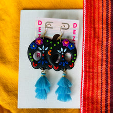 Load image into Gallery viewer, Sugar Skull - Black Florals with Blue Tassels
