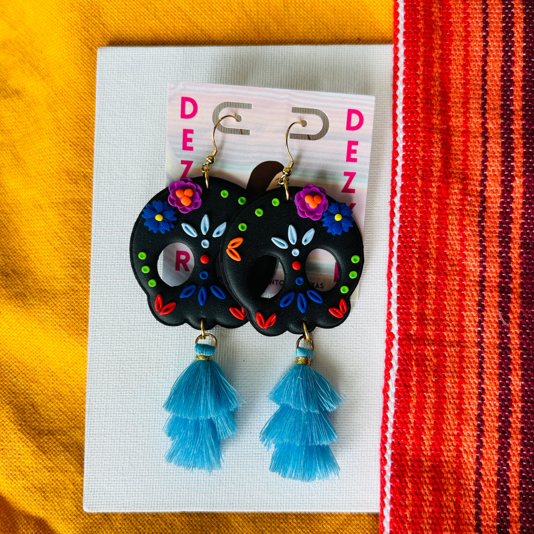 Sugar Skull - Black Florals with Blue Tassels