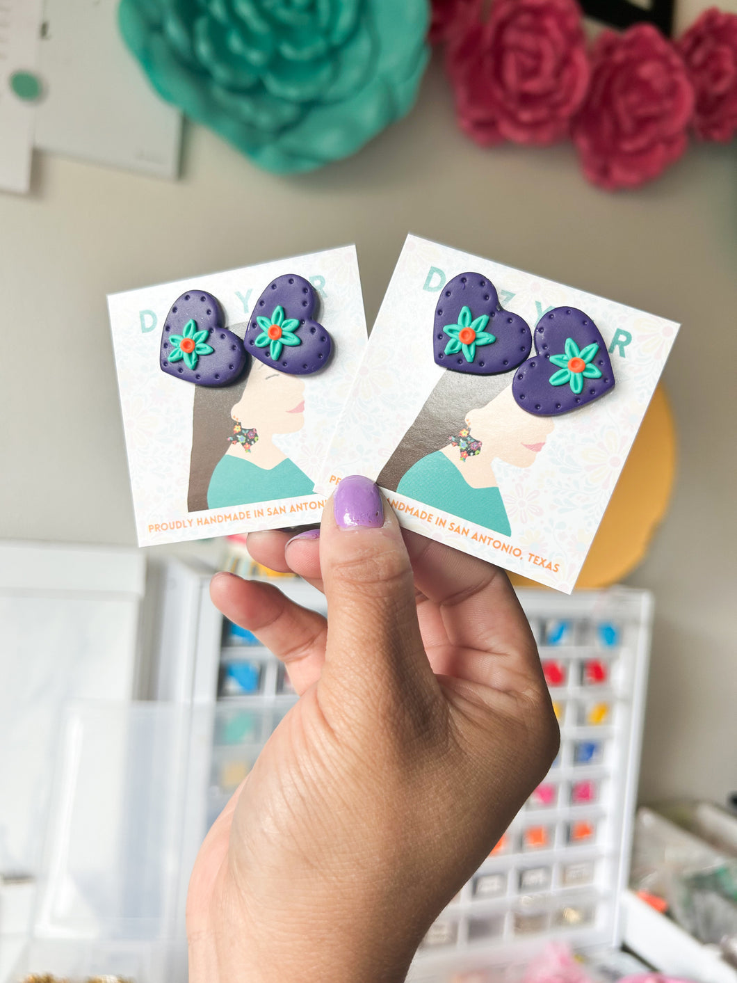 Purple embroidery heart studs